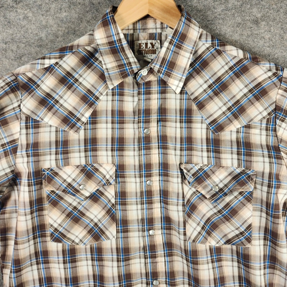 VTG ELY Cattleman Men Plaid Western Pearl Snap Shirt M Brown Blue Cowboy Pockets